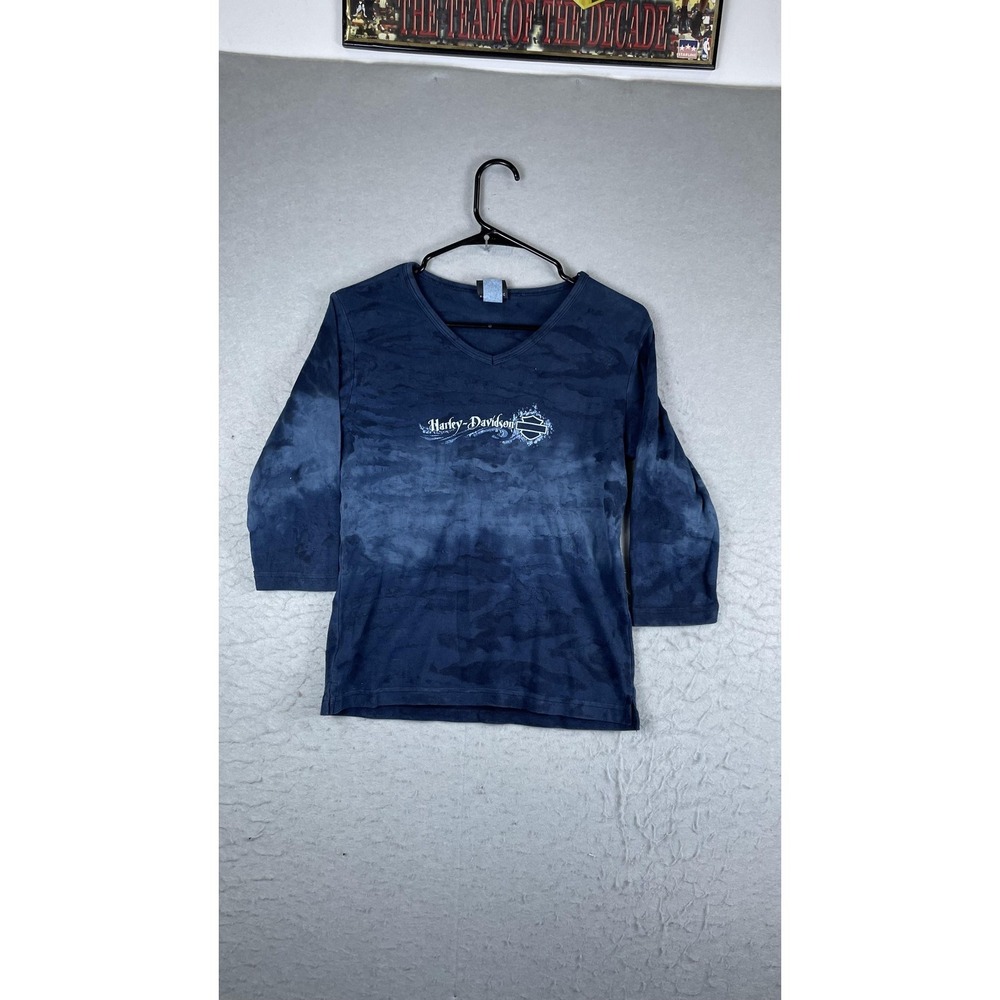 Harley-Davidson Shirt Womens Large Blue V-Neck 3/4 Sleeve Barnett El Paso